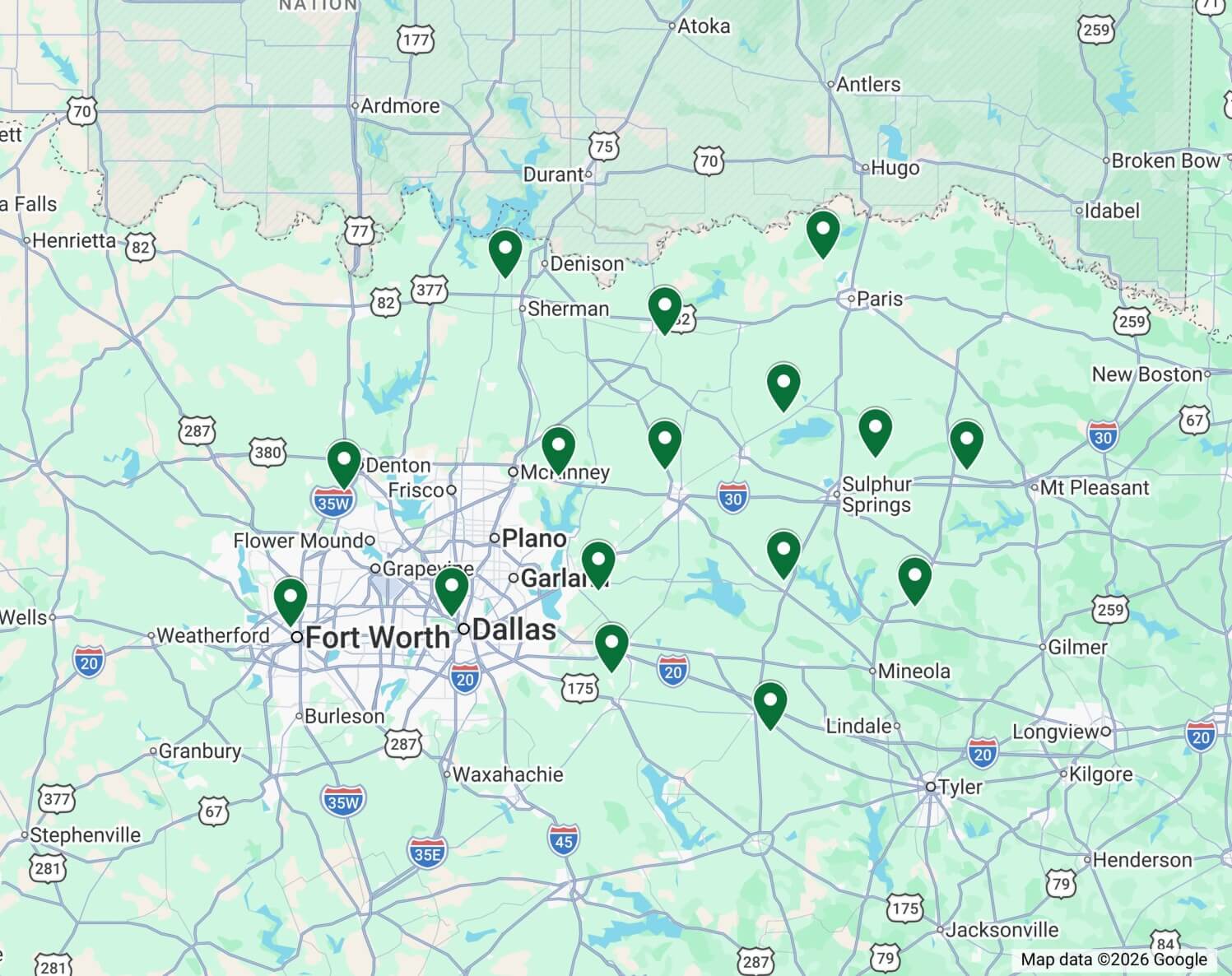 Anchor Inspection Group service area map &mdash; 16 counties in DFW, North and East Texas
